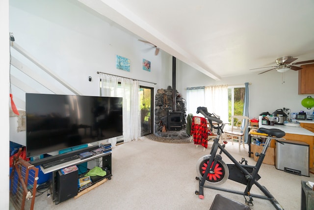 workout area featuring ceiling fan, carpet, a wood stove, and a wealth of natural light