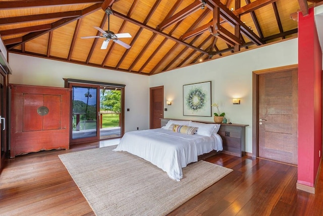 bedroom featuring beamed ceiling, high vaulted ceiling, and wooden ceiling