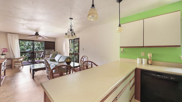 kitchen featuring decorative light fixtures, light tile patterned floors, a textured ceiling, dishwasher, and ceiling fan