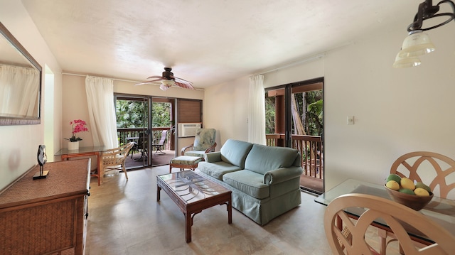 tiled living room featuring ceiling fan