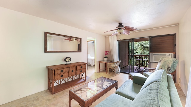 tiled living room featuring cooling unit and ceiling fan