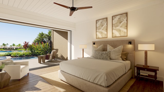 bedroom featuring wooden ceiling, ceiling fan, and hardwood / wood-style floors