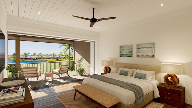 bedroom featuring wood-type flooring, ceiling fan, access to exterior, and wood ceiling