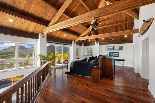 sunroom / solarium featuring lofted ceiling with beams, ceiling fan, and wood ceiling