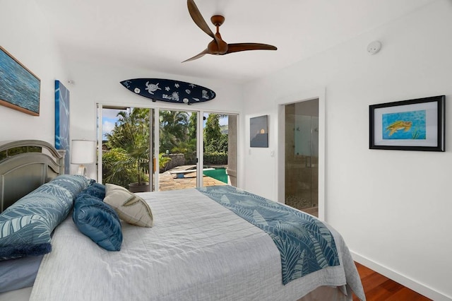 bedroom with hardwood / wood-style flooring, connected bathroom, ceiling fan, and access to exterior