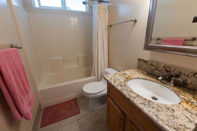 full bathroom featuring shower / bathtub combination with curtain, toilet, tile floors, and vanity