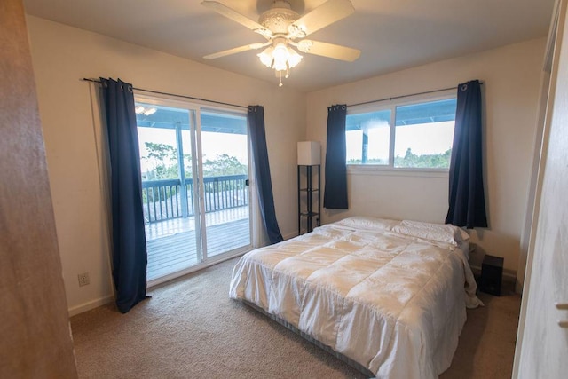 carpeted bedroom with ceiling fan and access to outside