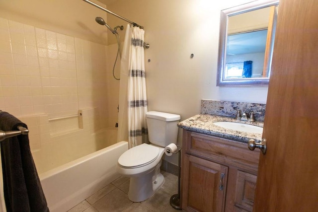 full bathroom with tile floors, vanity, toilet, and shower / bathtub combination with curtain