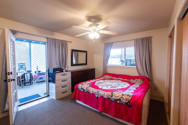 carpeted bedroom with access to outside and ceiling fan