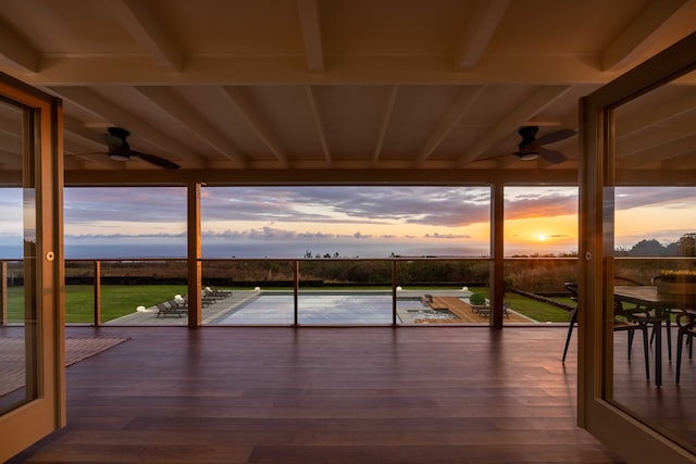 patio terrace at dusk with ceiling fan