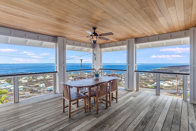 wooden deck featuring ceiling fan and a water view