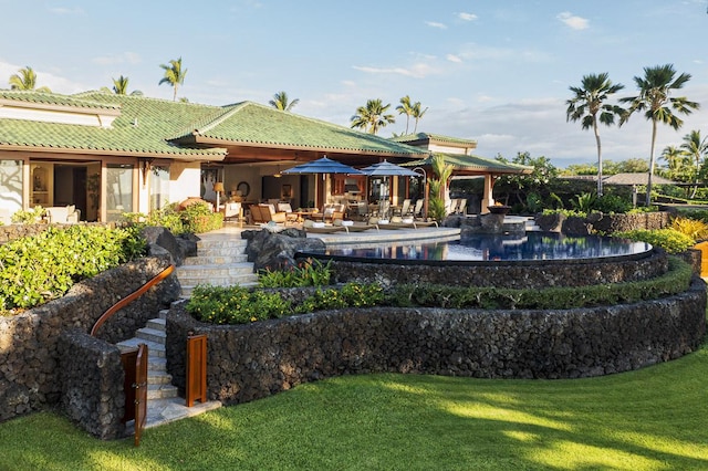 view of pool featuring a lawn and an outdoor hangout area