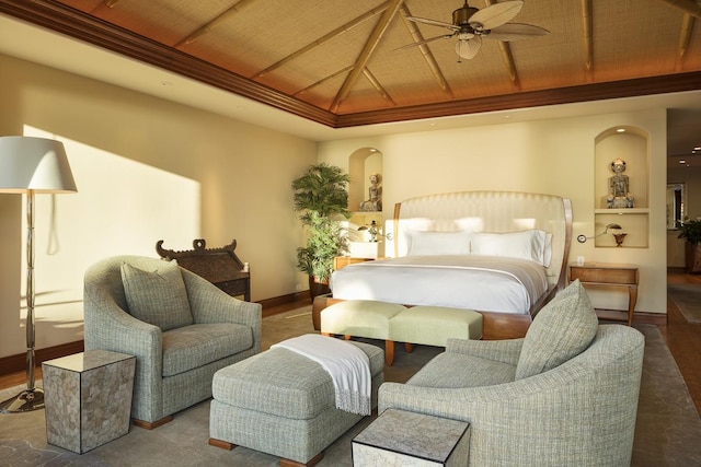 bedroom with ceiling fan and wood ceiling