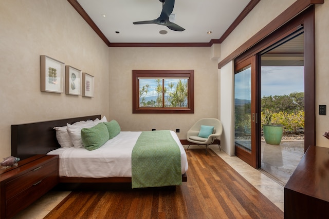 tiled bedroom with ceiling fan, access to exterior, and ornamental molding