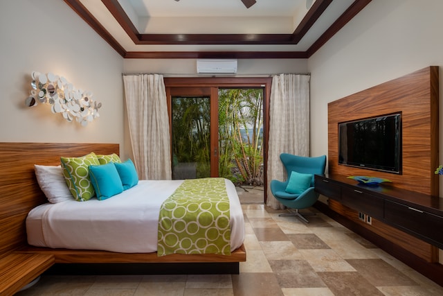 bedroom featuring tile flooring, ceiling fan, a raised ceiling, and a wall mounted air conditioner