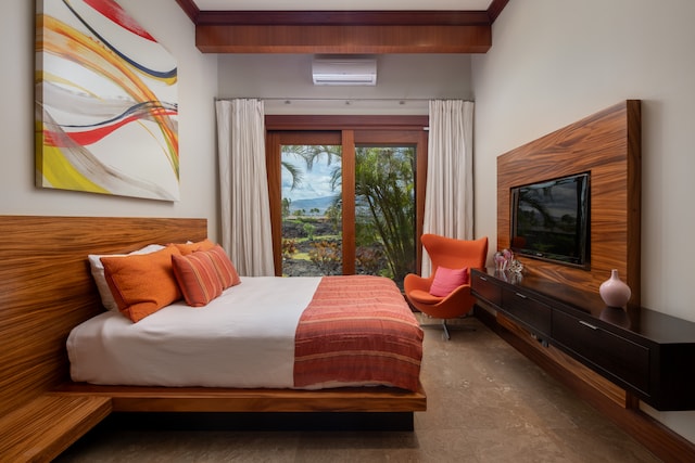 tiled bedroom featuring an AC wall unit