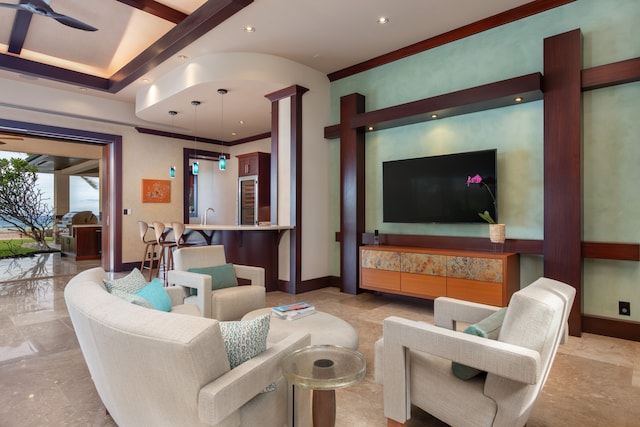 tiled living room with sink and ceiling fan