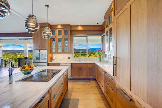 kitchen with decorative light fixtures, sink, stainless steel dishwasher, light hardwood / wood-style floors, and black electric cooktop