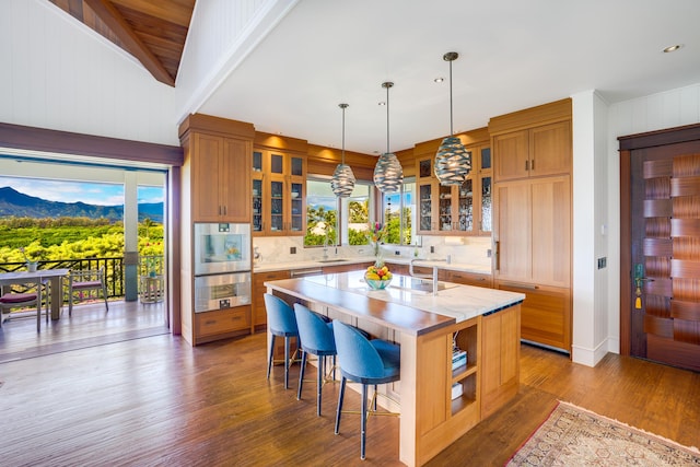 kitchen featuring dark wood-type flooring, lofted ceiling, a center island with sink, and pendant lighting