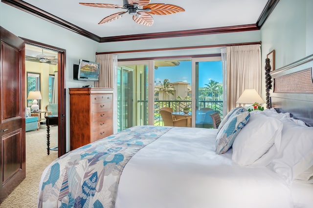 carpeted bedroom with ceiling fan, crown molding, and access to exterior