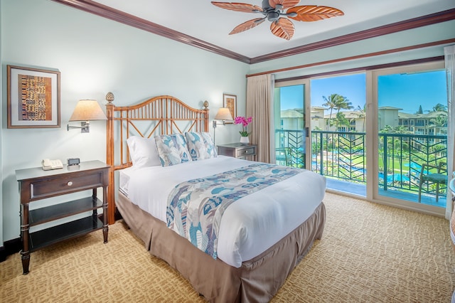 carpeted bedroom featuring access to outside, crown molding, and ceiling fan