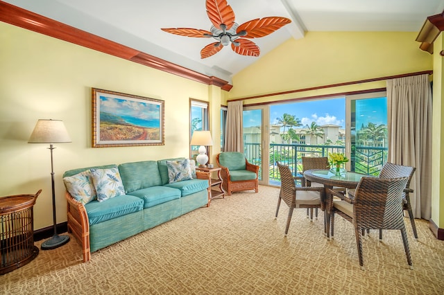 interior space with vaulted ceiling with beams and ceiling fan