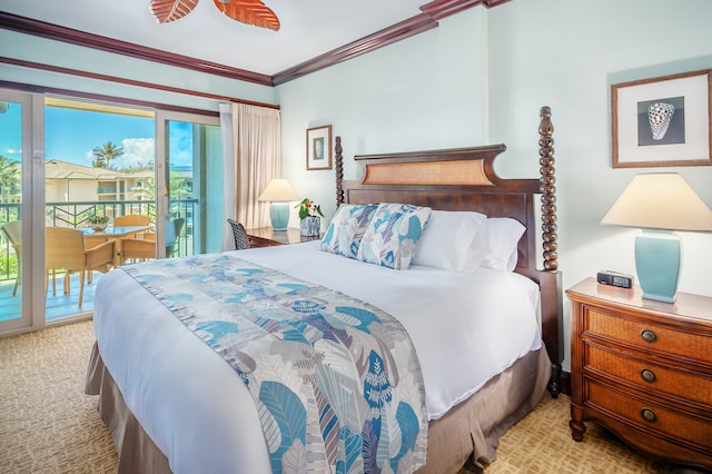 carpeted bedroom with ornamental molding, ceiling fan, and access to outside