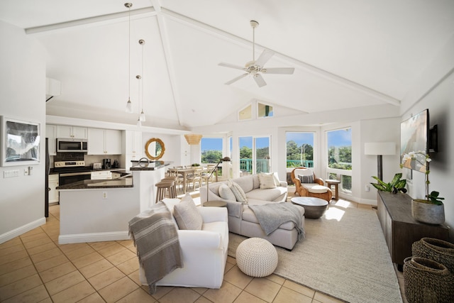 living room with high vaulted ceiling, beam ceiling, ceiling fan, and light tile flooring