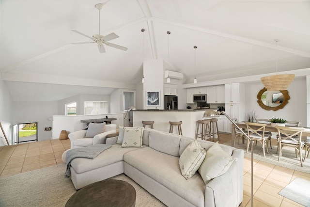 living room with high vaulted ceiling, ceiling fan, light tile floors, and a wall mounted air conditioner