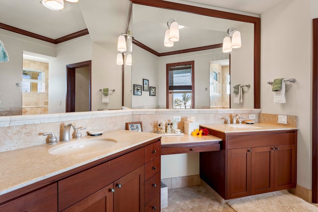 bathroom featuring backsplash, oversized vanity, and tile flooring