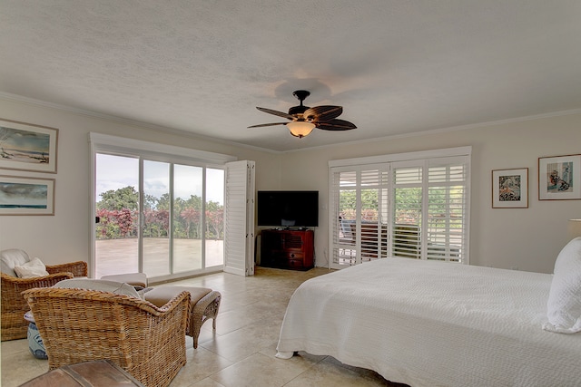 bedroom with ceiling fan, access to outside, light tile floors, and multiple windows