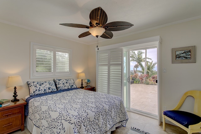 bedroom with ornamental molding, light tile floors, ceiling fan, and access to exterior