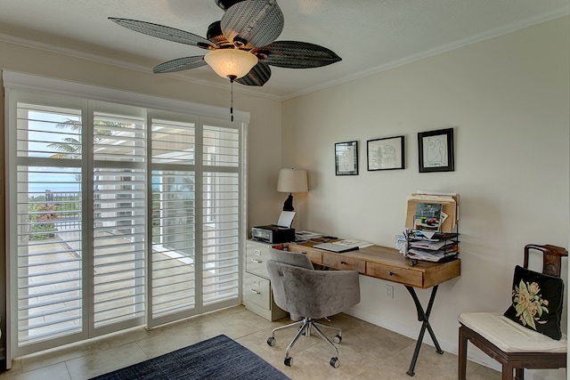 office space featuring tile flooring, ceiling fan, and ornamental molding