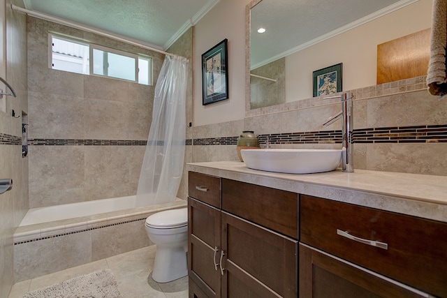 full bathroom featuring tile walls, shower / bath combo, toilet, vanity, and tile floors