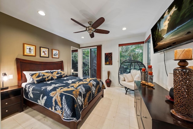 bedroom featuring ceiling fan and light tile floors