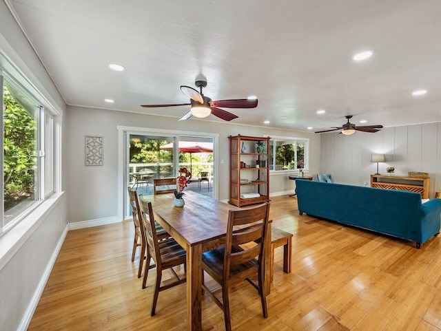 dining room featuring ceiling fan and light hardwood / wood-style floors