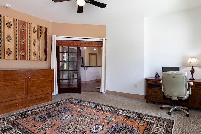 home office featuring carpet flooring and ceiling fan