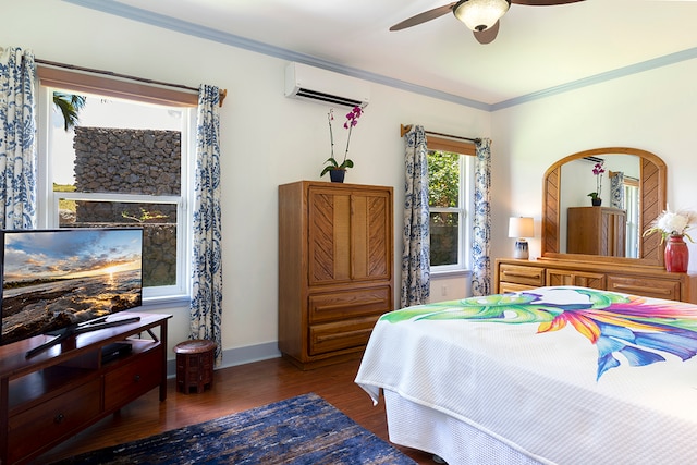 bedroom featuring a wall unit AC, dark wood-type flooring, crown molding, and ceiling fan