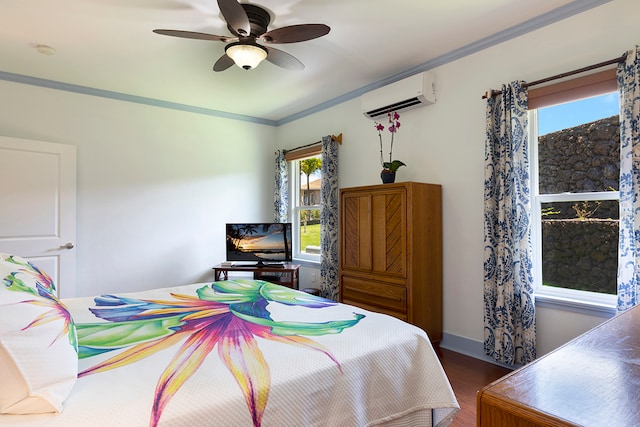 bedroom featuring ceiling fan, an AC wall unit, crown molding, and dark hardwood / wood-style floors