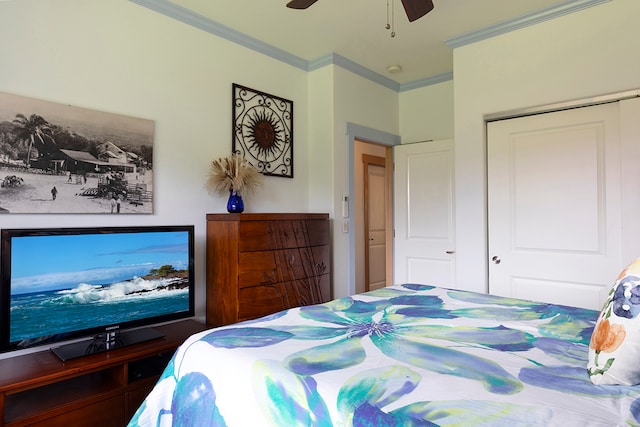 bedroom with ornamental molding, a closet, and ceiling fan