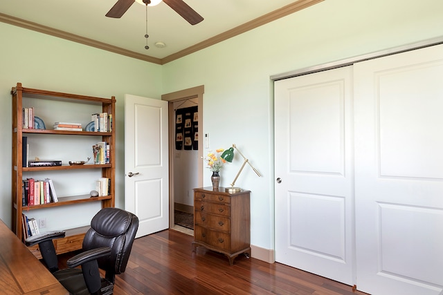 office space featuring ornamental molding, dark hardwood / wood-style floors, and ceiling fan