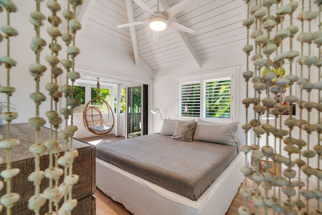 bedroom featuring lofted ceiling with beams, access to outside, wood ceiling, hardwood / wood-style flooring, and ceiling fan