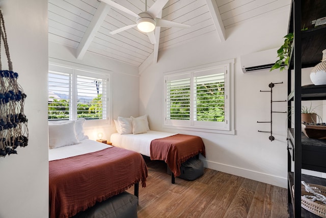 bedroom featuring lofted ceiling with beams, wood-type flooring, ceiling fan, and a wall unit AC