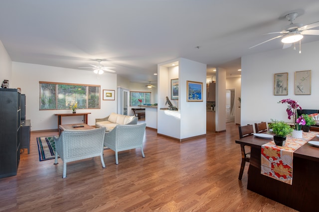 living room featuring ceiling fan and wood-type flooring