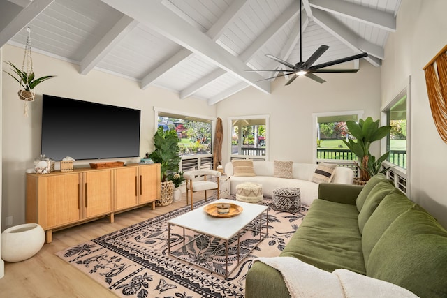 living room with high vaulted ceiling, beam ceiling, ceiling fan, and light wood-type flooring