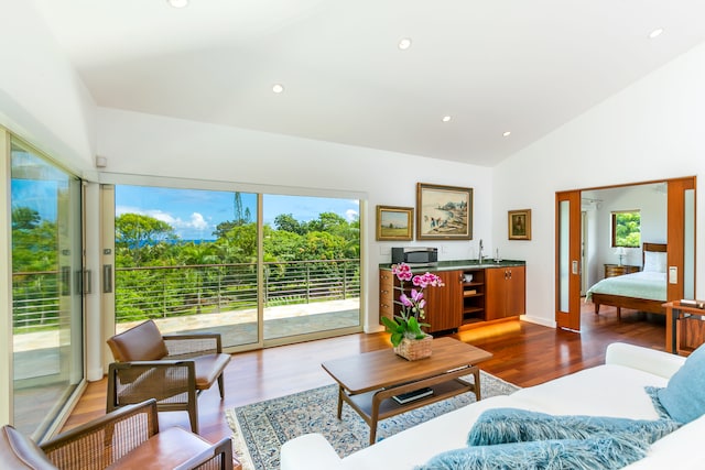 living room featuring high vaulted ceiling and hardwood / wood-style floors