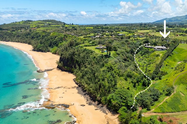 aerial view featuring a water view and a view of the beach