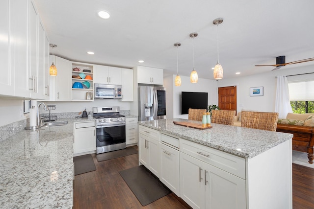 kitchen featuring a sink, appliances with stainless steel finishes, open floor plan, and dark wood finished floors