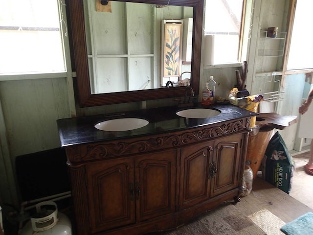 bathroom with double sink, plenty of natural light, and oversized vanity