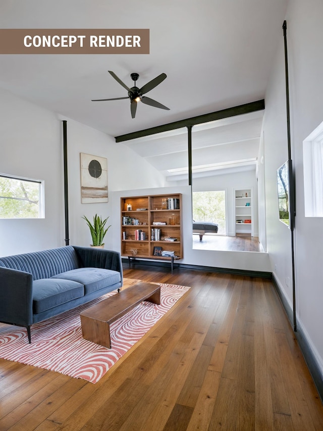 living room with wood-type flooring, ceiling fan, a wealth of natural light, and beam ceiling